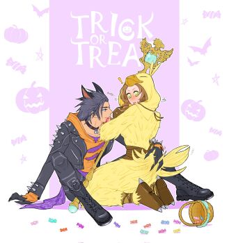 ! 1boy 1girl aerith_gainsborough aerith_gainsborough_(chocobo_suit) animal_collar animal_ears animal_hood anna_m bat_(animal) black_boots black_collar black_gloves black_hair black_jacket black_pants blue_eyes blush boots brown_boots brown_hair candy claws collar commentary cosplay curly_hair dog_ears feathers final_fantasy final_fantasy_vii final_fantasy_vii:_ever_crisis food full_body gloves grabbing_another&#039;s_ass green_eyes grin groping hair_slicked_back half-closed_eyes halloween hands_up hetero highres holding holding_staff hood hood_down hood_up hoodie jack-o&#039;-lantern jacket kemonomimi_mode kigurumi kneeling leaning_forward leather leather_jacket lock long_hair mage_staff nose_blush official_alternate_costume open_clothes open_jacket open_mouth orange_hoodie outline padlock padlocked_collar pants purple_background sidelocks sitting smile spiked_hair spiked_jacket spread_legs staff star_(symbol) torn_clothes trick_or_treat white_outline wicker_basket yellow_feathers zack_fair zack_fair_(black_hound)