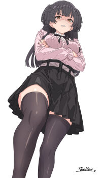 1girl absurdres black_hair black_ribbon black_skirt black_thighhighs breasts commentary_request crossed_arms disgust feet_out_of_frame from_below highres idolmaster idolmaster_shiny_colors long_hair long_sleeves looking_at_viewer mayuzumi_fuyuko medium_breasts neck_ribbon nicopieee pink_shirt ribbon shaded_face shirt signature simple_background skirt solo thighhighs white_background zettai_ryouiki