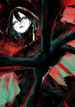 1girl 8zuke abstract_background android aqua_eyes black_hair black_lips blame! character_request colored_skin commentary_request from_below hair_between_eyes highres looking_at_viewer looking_down painterly pov reaching reaching_towards_viewer short_hair sketch solo white_skin