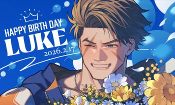 Rule 34 | 1boy, balloon, blue eyes, brown hair, commentary request, daisy (flower), dated, facial scar, flower, forked eyebrows, grin, happy birthday, highres, lily of the valley, luke sullivan, male focus, multiple scars, one eye closed, prat rat, scar, scar across eye, scar on cheek, scar on face, short hair, shoulder tattoo, sleeveless, sleeveless jacket, smile, solo, star (symbol), street fighter, street fighter 6, tattoo, white flower, yellow flower