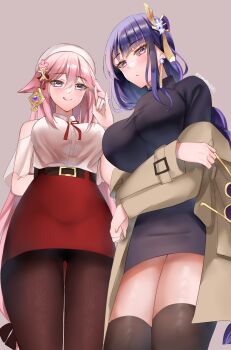 2girls animal_ear_piercing animal_ears artist_name black_dress black_pantyhose black_thighhighs blunt_bangs braid breasts brown_background brown_coat closed_mouth clothing_cutout coat commentary_request couple crossed_arms dress earrings fan_hair_ornament flower flower_ornament fox_ears fox_girl fox_shadow_puppet from_below genshin_impact hair_between_eyes hair_ornament hat highres holding holding_removed_eyewear huge_breasts jewelry lemon_t long_braid long_hair long_sleeves looking_down looking_to_the_side multicolored_hair multiple_girls neck_ribbon off_shoulder official_alternate_costume open_clothes open_coat pantyhose pink_hair purple_eyes purple_flower raiden_shogun raiden_shogun_(autumn_pop-up_store) red_ribbon ribbon shade short_sleeves shoulder_cutout simple_background single_braid single_earring smile standing streaked_hair thick_thighs thighhighs thighs tongue tongue_out unworn_eyewear wide_sleeves yae_miko yae_miko_(autumn_pop-up_store) yuri