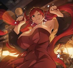 Rule 34 | 2girls, alternate hairstyle, animal ears, black eyes, breasts, bunching hair, cat ears, cleavage, dark-skinned female, dark skin, dress, eyepatch, ghislaine dedoldia, grey hair, highres, hilda boreas greyrat, jewelry, large breasts, legs, looking at viewer, mature female, midriff, multiple girls, mushoku tensei, navel, necklace, one eye closed, playing with own hair, ponytail, red hair, smile, thighs, toned, tongue, tongue out, twintails, unbuttoned pants, unzipped, unzipped pants, wink