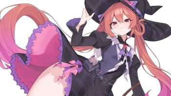 Rule 34 | 1girl, :3, absurdres, black dress, black hat, black skirt, closed mouth, cowboy shot, dress, gradient hair, hair between eyes, hand on headwear, hat, highres, juliet sleeves, long hair, long sleeves, looking at viewer, mistique (stella sora), mugripley, multicolored hair, orange hair, puffy sleeves, red eyes, simple background, skirt, smile, solo, stella sora, twintails, very long hair, white background, witch hat