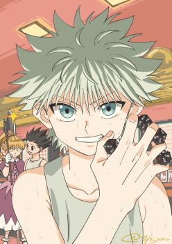 1girl 2boys axe biscuit_krueger black_eyes black_hair blonde_hair blue_eyes closed_eyes dice dress gon_freecss highres holding holding_axe holding_dice hunter_x_hunter indoors killua_zoldyck long_hair looking_at_viewer male_focus multiple_boys open_mouth parted_lips pink_dress ponytail solo_focus spiked_hair sweat syo_jin tank_top twitter_username white_hair white_tank_top