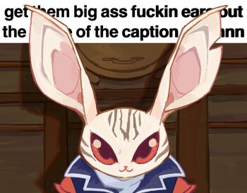 1boy :3 animal_ears caption closed_mouth commentary daclium english_commentary english_text heismay_(metaphor:_refantazio) highres large_ears looking_at_viewer male_focus metaphor:_refantazio no_humans notched_ear profanity red_eyes signature solo upper_body