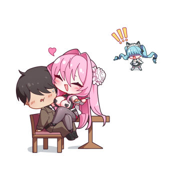 ! 1boy 2girls ahoge bare_shoulders black_hair blue_hair breasts chibi chibi_only cleavage closed_eyes commander_(nikke) commentary_request crossed_legs goddess_of_victory:_nikke hair_between_eyes hair_ornament heart heart_pasties highres holding holding_spoon korean_commentary long_hair maid maid_headdress mole mole_under_eye multiple_girls nervous_sweating official_alternate_costume open_mouth pasties pink_hair privaty_(nikke) privaty_(unkind_maid)_(nikke) shaded_face simple_background sitting sitting_on_lap sitting_on_person spoon sweat table twintails uz_(uzru0428) velvet_(nikke)