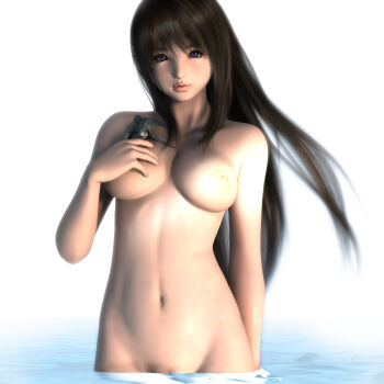1girl 3d bad_id bad_pixiv_id blue_eyes breasts brown_hair female_focus groin highres hinemaru large_breasts lips long_hair navel nipples nude original partially_visible_vulva solo turtle uncensored water wet