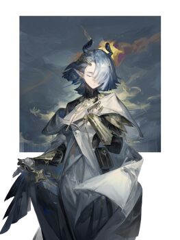 1girl absurdres aqua_hair arknights arm_armor blunt_ends breasts chinese_commentary circlet cleavage cleavage_cutout clementia_(arknights) closed_eyes closed_mouth clothing_cutout commentary_request cowboy_shot dongsheng dress earrings gladius gold_circlet hair_ornament hair_over_one_eye highres holding holding_sword holding_weapon jewelry manta_ray_girl medium_breasts necklace off_shoulder parted_hair pointy_ears short_hair solo sword weapon white_dress