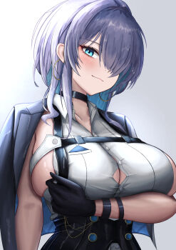 1girl absurdres black_choker black_corset black_jacket blue_eyes blush breasts brid_(nikke) brid_(silent_track)_(nikke) button_gap chest_harness choker cleavage closed_mouth collared_shirt commentary corset dress_shirt earrings gloves goddess_of_victory:_nikke grey_gloves grey_hair hair_between_eyes hair_down hair_over_one_eye harness highres hoop_earrings jacket jacket_on_shoulders jewelry large_breasts long_hair looking_at_viewer official_alternate_costume official_alternate_hairstyle pants shirt sideboob sideless_shirt sidelocks simple_background sleeveless sleeveless_shirt smile solo standing tight_clothes tight_pants upper_body white_background white_pants white_shirt zion_rss