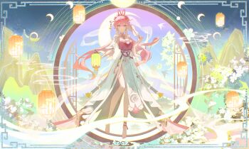 1girl absurdres barefoot breasts chinese_clothes chinese_commentary chinese_hairstyle commentary_request crescent_moon diamond-shaped_pupils diamond_(shape) dress elysia_(hi_love_elf)_(honkai_impact) elysia_(honkai_impact) elysia_(moonlit_grace)_(honkai_impact) feet hand_fan highres holding holding_fan honkai_(series) honkai_impact_3rd large_breasts long_hair moon mountainous_horizon official_alternate_costume pink_hair purple_eyes qiuqiuku solo symbol-shaped_pupils toes very_long_hair white_dress