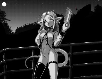 1girl ? alien bottomless breasts burger character_request dialogue_box doodle_inset english_text food forehead forest full_moon greyscale high_collar highres holding holding_tray long_hair long_sleeves long_tail looking_at_viewer medium_breasts momoiro_(momoiro_tasogare) monochrome moon nature navel night night_sky open_mouth outdoors pointy_ears pussy radio_antenna railing science_fiction shrimp sky solo standing star_(sky) starry_sky tail thick_eyebrows thighhighs thighs tray voices_of_the_void whiskers