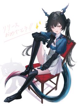 1girl :d absurdres apron arknights arknights:_endfield black_gloves black_hair blue_horns blue_jacket blue_tail boots chair chen_qianyu_(arknights) commentary gloves grey_apron highres horns jacket knee_up layered_sleeves long_hair long_sleeves looking_at_viewer on_chair open_clothes open_jacket open_mouth pink_eyes pointing pointing_at_viewer rns shirt short_over_long_sleeves short_sleeves sitting skirt smile solo sparkle tail thigh_boots translated v waist_apron white_background white_shirt white_skirt
