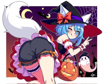 1girl ;q adapted_costume animal_ear_fluff animal_ears ass bare_legs bare_shoulders basket bat_(animal) bent_over black_bloomers black_dress black_hat black_nails bloomers blue_eyes blue_hair blush blush_stickers border bow breasts candy closed_mouth commentary corrupted_twitter_file crescent crescent_moon detached_sleeves double-parted_bangs dress english_commentary feet_out_of_frame food frilled_dress frilled_sleeves frilled_thigh_strap frills from_behind furry furry_female ghost glowing glowing_eyes gradient_sky hair_between_eyes halloween halloween_bucket hand_up hat hat_bow hat_ribbon highres holding holding_basket indie_virtual_youtuber jack-o&#039;-lantern lgcrx lollipop looking_at_viewer looking_back medium_breasts moon multicolored_dress nail_polish one_eye_closed orange_bow orange_dress orange_sky outdoors outline outside_border petticoat puffy_detached_sleeves puffy_sleeves purple_ribbon purple_sky ribbon short_hair signature sky smile solo spider_web_background split_mouth star-shaped_pupils star_(symbol) sweets swirl_lollipop symbol-shaped_pupils tail thigh_strap tongue tongue_out two-tone_background two-tone_dress underwear v virtual_youtuber white_border white_sleeves white_tail white_wrist_cuffs witch witch_hat wolf_ears wolf_girl wolf_tail wolfychu wrist_cuffs