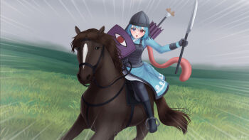 1girl absurdres armor blue_eyes blue_hair commentary grummsed helmet heterochromia highres holding holding_sword holding_weapon horse mongolia mongolian_clothes open_mouth plate_armor pun red_eyes russian_commentary russian_text saddle shield solo sword tatara_kogasa touhou translated weapon
