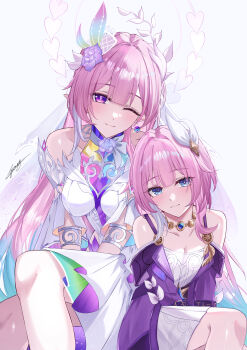 2girls absurdres aqua_hair bare_shoulders blue_eyes breasts cleavage coat commentary cyrene_(aedes_elysiae)_(honkai:_star_rail) cyrene_(honkai:_star_rail) cyrene_(ripples_of_past_reverie)_(honkai:_star_rail) diamond-shaped_pupils diamond_(shape) dress dual_persona hair_flaps halo highres honkai:_star_rail honkai_(series) jewelry large_breasts long_hair miya-chan_(lightning0730) multicolored_hair multiple_girls necklace pink_hair purple_coat purple_eyes simple_background small_breasts symbol-shaped_pupils two-tone_hair very_long_hair white_background white_dress white_hair
