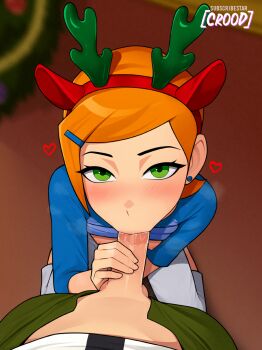 1boy 1girl animal_ears antlers artist_name ben_10 ben_tennyson blue_shirt blurry blurry_background blush breasts christmas christmas_tree clothes_lift commentary cousins earrings english_commentary eyelashes fake_animal_ears fake_antlers fellatio green_eyes green_pants gwen_tennyson hair_ornament hairclip hand_up highres horns incest indoors jewelry loli loodncrood looking_at_viewer looking_up nipples on_ground oral orange_hair paid_reward_available pants penis_out pov reindeer_antlers seiza shirt shirt_lift short_hair sitting small_breasts stud_earrings uncensored white_shirt