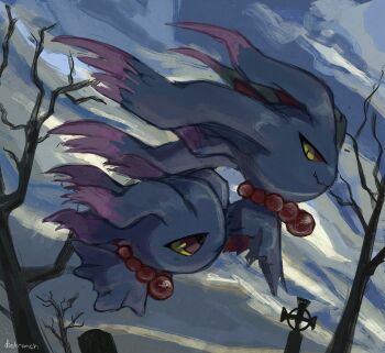 bare_tree beads closed_mouth cloud colored_sclera dietranch fang floating flutter_mane full_body gen_2_pokemon ghost highres jewelry misdreavus necklace nintendo no_humans pokemon pokemon_(creature) pokemon_focus red_eyes red_sclera skin_fang sky smile tombstone tree yellow_eyes yellow_sclera