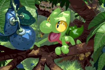 absurdres berry_(pokemon) bird climbing_tree closed_eyes colored_sclera colored_skin commentary dappled_sunlight day english_commentary from_above gen_1_pokemon gen_3_pokemon gen_4_pokemon gen_7_pokemon grass green_skin highres kakuna multicolored_skin nintendo on_tree open_mouth oran_berry outdoors owl pokemon pokemon_(creature) pokemon_focus red_skin rowlet sunlight tongue tree treecko turtle turtwig two-tone_skin twosipsofbleach yellow_sclera