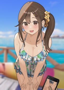 1girl bare_shoulders blush breasts brown_eyes brown_hair cleavage collarbone dead_or_alive dead_or_alive_xtreme dead_or_alive_xtreme_venus_vacation hair_between_eyes hair_ornament hair_scrunchie hairclip large_breasts leaning_forward long_hair looking_at_viewer misaki_(doa) official_art ol_mahonanoka open_mouth phone scrunchie second-party_source side_ponytail smile solo standing star_(symbol) star_hair_ornament venus_vacation_prism:_dead_or_alive_xtreme viewfinder yellow_scrunchie