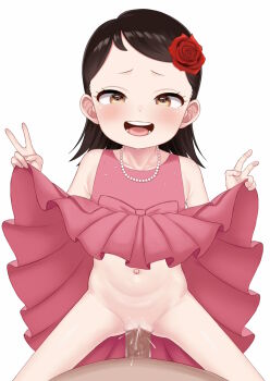 1girl age_difference armpit_crease atg_(wttoo0202) becky_blackbell brown_eyes brown_hair censored clothes_lift cowboy_shot cum cum_in_pussy double_v dress dress_lift flower girl_on_top groin hair_flower hair_ornament heart heart-shaped_pupils hetero jewelry legs_apart lifting_own_clothes loli looking_at_viewer mosaic_censoring necklace open_mouth outie_navel paid_reward_available pearl_necklace penis pink_dress pov pov_crotch pussy rose sex short_hair short_twintails simple_background sleeveless sleeveless_dress smile spy_x_family straddling symbol-shaped_pupils teeth thighs tongue twintails v vaginal veins veiny_penis white_background