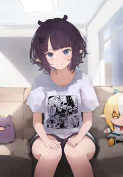 >:) 1girl animal_ears black_hair black_shorts blunt_bangs braid braided_bun character_doll commentary couch doll english_commentary flat_chest grey_eyes hair_bun hair_ornament hairclip highres hololive hololive_english hololive_friends_(plush) lap_pillow_invitation malvar mole mole_under_eye ninomae_ina'nis ninomae_ina'nis_(loungewear) no_jacket official_alternate_costume official_alternate_hair_length official_alternate_hairstyle on_couch pointy_ears print_shirt shiranui_flare shirt short_hair short_shorts shorts sidelocks sitting solo t-shirt takodachi_(ninomae_ina'nis) v-shaped_eyebrows virtual_youtuber white_shirt