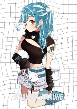 Rule 34 | 1girl, arm warmers, belt, black arm warmers, blue belt, blue footwear, blue hair, breasts, checkered background, cleavage, cleavage cutout, clothing cutout, detached sleeves, distortion, frilled skirt, frills, hair ornament, hairclip, hanada ten, heart, heart tattoo, highres, jewelry, kneeling, looking at viewer, medium breasts, midriff, miniskirt, multicolored hair, orange eyes, profile, shiranami ramune, shiranami ramune (3rd costume), skirt, sleeves past wrists, solo, streaked hair, stuffed animal, stuffed toy, tattoo, text tattoo, v, virtual youtuber, vspo!, white background, white hair, white skirt