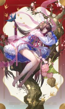 1girl absurdres alternate_costume barefoot black_hair closed_eyes closed_mouth columbina_(genshin_impact) flower full_body genshin_impact hair_flower hair_ornament hanbok highres korean_clothes long_hair long_sleeves lying multicolored_hair purple_hair smile solo tassel two-tone_hair very_long_hair yolanda