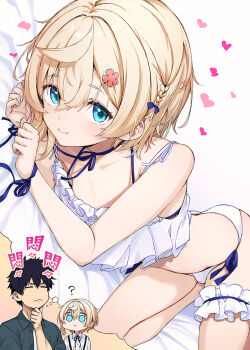 2boys ? bikini black_hair blonde_hair blue_eyes braid bulge chibi crossdressing crossdressing_(mtf) flower_hairpin gradient_background hand_on_own_chin heart imagining lying male_focus multiple_boys neck_ribbon on_side original ribbon short_hair smile stroking_own_chin suspenders swimsuit trap uro_(urotanc) wrist_ribbon yaoi