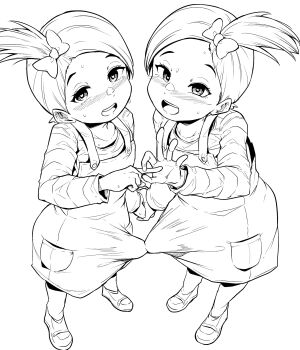 2futa blush bulge erection erection_under_clothes futa_with_futa futanari heart heart-shaped_pupils highres large_penis loli makin_tama monochrome multiple_futa nintendo penetration_gesture penis penises_touching pokemon short_hair siblings side_ponytail source_request symbol-shaped_pupils twins twins_(pokemon)