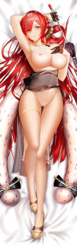 1girl absurdres alternate_costume an_yasuri arm_up armpits azur_lane bad_id bad_pixiv_id bare_shoulders black_dress black_gloves blush bracelet braid breasts china_dress chinese_clothes clothes_lift clothes_pull collarbone crown_braid dress dress_lift dress_pull earrings feather_boa female_focus full_body gloves gold_shoes gold_trim groin hair_between_eyes hair_bun hair_ornament half_gloves hand_up highres holding holding_umbrella jewelry large_breasts long_hair looking_at_viewer lying monarch_(azur_lane) navel nipples no_panties on_back open_mouth pussy red_hair revision shoes sidelocks single_hair_bun solo stomach thigh_strap thighs umbrella uncensored very_long_hair