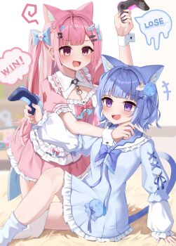 +++ 2girls absurdres animal_ears bandaid bandaid_hair_ornament black_choker blue_bow blue_bowtie blue_dress blue_hair blue_socks blue_tail blush bow bowtie braid breasts cat_choker cat_ears cat_girl cat_tail cet_(hajisirazunoko) choker cleavage cleavage_cutout clothing_cutout cloud_hair_ornament controller crescent crescent_hair_ornament crossed_bandaids dress extra_ears fang fingernails fish_hair_ornament game_controller ghost_hair_ornament hair_bow hair_ornament hairclip heart heart_hair_ornament highres holding holding_controller holding_game_controller indie_virtual_youtuber kurageu_roa large_breasts long_hair maid medium_hair multiple_girls o-ring o-ring_choker open_mouth pink_bow pink_dress pink_eyes pink_hair purple_eyes short_sleeves skin_fang smile socks tail thighhighs thighs two_side_up virtual_youtuber white_thighhighs white_wrist_cuffs wing_hair_ornament wrist_cuffs yuuki_sakuna yuuki_sakuna_(1st_costume)