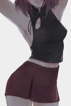 Rule 34 | 1girl, alt text, armpits, arms up, black tank top, breasts, commentary request, covered erect nipples, eyes out of frame, head out of frame, highres, midriff, miniskirt, navel, parted lips, red hair, red skirt, sekibanki, simple background, skirt, solo, tank top, touhou, white background, yatsuga (kouahey dierci)