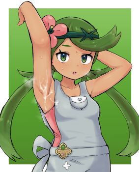 1girl :o arm_up armpits blush border breath collarbone commentary_request cum cum_on_armpit cum_on_body eyelashes flower green_background green_eyes green_hair grey_overalls hair_flower hair_ornament hand_up highres kutabireta_neko long_hair looking_at_viewer mallow_(pokemon) nintendo open_mouth outside_border overalls pink_flower pink_shirt pokemon pokemon_sm presenting_armpit shirt solo sweat swept_bangs twintails white_border