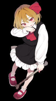 1girl :p absurdres ascot black_background black_skirt black_vest blonde_hair blood blush bone closed_mouth collared_shirt commentary_request double-parted_bangs frilled_skirt frills garasuno hair_ribbon highres holding holding_bone long_sleeves looking_at_viewer mary_janes red_ascot red_eyes red_ribbon red_shoes ribbon rumia shirt shoes short_hair simple_background skirt skirt_set socks solo tongue tongue_out touhou vest white_shirt white_socks