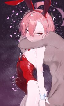 1boy 1girl absurdres ahegao animal_ears asphyxiation blue_archive braid fake_animal_ears flat_chest hetero highres loli neru_(blue_archive) neru_(bunny)_(blue_archive) playboy_bunny rabbit_ears red_eyes red_hair single_braid solo_focus stomach_bulge tai_mian_meng_meng
