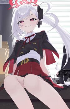 1girl absurdres arm_support belt black_belt blue_archive breasts commentary gangjeong hair_ornament halo highres long_hair looking_at_viewer mutsuki_(blue_archive) red_eyes red_halo red_skirt shirt side_ponytail sitting skirt small_breasts smile solo white_hair white_shirt
