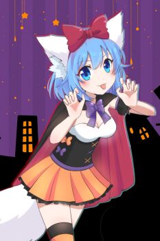 Rule 34 | :p, alternate costume, animal ear fluff, animal ears, black corset, blue eyes, blue hair, bow, cape, claw pose, commentary, corset, dot nose, english commentary, hair bow, halloween, highres, indie virtual youtuber, looking at viewer, pale skin, skirt, striped clothes, striped thighhighs, tail, thighhighs, tongue, tongue out, virtual youtuber, wolf ears, wolf girl, wolf tail, wolfychu, wolfychu (artist)