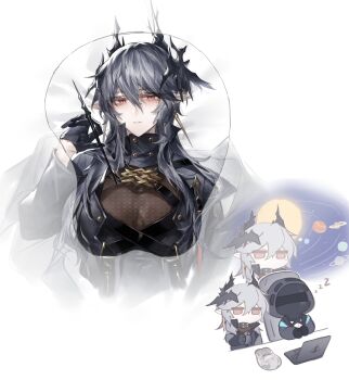 2boys absurdres arknights black_gloves black_jacket breasts chibi chibi_inset computer demon_boy demon_horns doctor_(arknights) dreaming gloves grey_hair highres holding hood hood_up horns jacket jewelry laptop large_breasts logos_(arknights) long_hair looking_at_viewer male_doctor_(arknights) mole mole_under_eye multiple_boys multiple_views parted_lips pointy_ears red_eyes see-through_clothes simple_background sleeping takano_jiyuu upper_body white_background yaoi zzz
