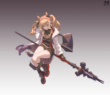 Rule 34 | 1girl, absurdres, angelina (arknights), animal ears, arknights, arm up, black bag, black collar, black gloves, black shirt, black shoes, black shorts, black socks, breasts, brown hair, chinese commentary, coat, collar, commentary request, dated, earpiece, floating staff, fox ears, fox girl, full body, gloves, gradient background, grey background, hairband, hands in own hair, highres, holding, holding staff, hundun no bifang, impossible clothes, impossible shirt, infection monitor (arknights), jacket, kneehighs, long hair, looking at viewer, medium breasts, multicolored shoes, open clothes, open coat, open jacket, orange eyes, red hairband, red jacket, red shoes, shirt, shoes, shorts, sitting, sneakers, socks, solo, staff, striped clothes, striped hairband, thick thighs, thighs, twintails, two-tone hairband, two-tone shoes, unzipped, white coat