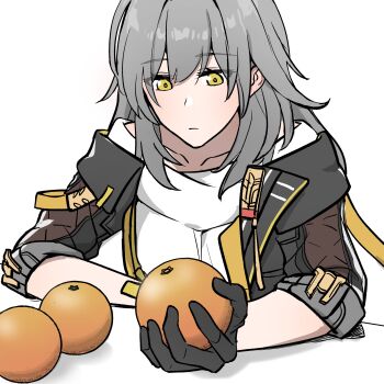 1girl absurdres black_gloves black_jacket closed_mouth collarbone commentary english_commentary food fruit gloves grey_hair hair_between_eyes highres holding holding_food holding_fruit honkai:_star_rail honkai_(series) jacket lapels long_hair long_sleeves looking_at_food looking_down open_clothes open_jacket orange_(fruit) shirt sidelocks simple_background solo stelle_(honkai:_star_rail) t-shirt table trailblazer_(honkai:_star_rail) trap_(trap_2023) upper_body white_background white_shirt yellow_eyes
