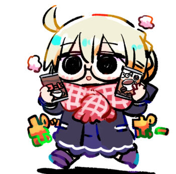 1girl :d ahoge artoria_pendragon_(fate) black-framed_eyewear black_jacket blonde_hair blush_stickers braid can canned_coffee chibi commentary_request drink_can fate/grand_order fate_(series) fringe_trim full_body glasses hair_bun holding holding_can jacket kasuga_yuuki mysterious_heroine_x_alter_(fate) open_clothes open_jacket open_mouth plaid_clothes plaid_scarf purple_shirt purple_shoes purple_skirt red_scarf scarf semi-rimless_eyewear shirt shoes simple_background skirt smile translation_request under-rim_eyewear walking white_background