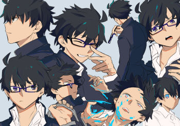 Rule 34 | 1boy, adjusting eyewear, ahoge, blue background, closed eyes, commentary request, floating clothes, floating hair, from side, glasses, hair between eyes, looking at viewer, male focus, removing eyewear, school uniform, shirt, shoki line dot, short hair, smile, souya high school uniform, sweat, tohno shiki, tsukihime, tsukihime (remake), white shirt