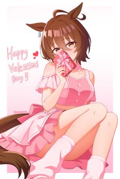 Rule 34 | 1girl, absurdres, agnes tachyon (umamusume), ahoge, animal ears, bare shoulders, blush, border, box, breasts, brown hair, brown tail, closed eyes, clothing cutout, commentary request, covering own mouth, earrings, gift, gift box, gradient background, hair between eyes, happy valentine, highres, holding, holding box, horse ears, horse girl, horse tail, huge ahoge, jewelry, knees up, looking at viewer, loose socks, medium hair, meni shuki rush-sshu!, midriff, n2o, outside border, pink shirt, pink skirt, pink socks, red eyes, shirt, shoulder cutout, single earring, skirt, smile, socks, solo, tail, thighs, umamusume, valentine, white border