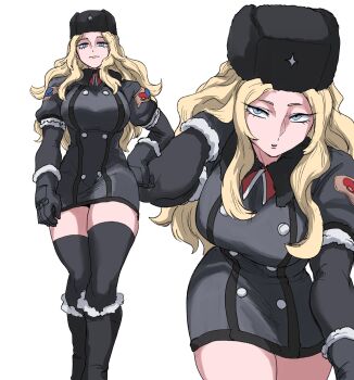 1girl arm_behind_head black_jacket blonde_hair blue_eyes boots breasts capcom hand_on_own_hip hat highres jacket kolin large_breasts leaning_forward long_hair looking_at_viewer multiple_views nasu_(ilo_a5) parted_lips pink_lips russia seductive_gaze seductive_smile smile solo street_fighter street_fighter_v ushanka