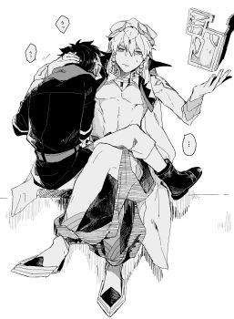 Rule 34 | ..., 2boys, absurdres, armor, bare shoulders, belt, bit (8115894), boots, chain, circlet, closed mouth, commentary request, crossed legs, dingir (fate), earrings, fate/grand order, fate (series), fingernails, flower tattoo, from behind, fujimaru ritsuka (male), fujimaru ritsuka (male) (true ether chaldea uniform), gem, gilgamesh, gilgamesh (caster) (fate), gilgamesh (fate), greyscale, hair between eyes, half-closed eyes, hand on another's head, hands up, highres, hoop earrings, jacket, japanese armor, jewelry, kote, kurokote, lapels, looking afar, male focus, monochrome, multiple boys, open clothes, open vest, pants, pectorals, petting, sandals, scarf, short hair, shoulder tattoo, simple background, sitting, speech bubble, spoken ellipsis, stone tablet, sweatdrop, tattoo, turban, vest, yaoi