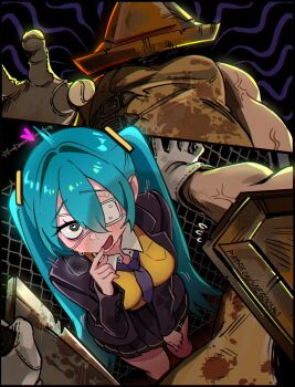 1girl aqua_hair blood blush eyepatch female_pov from_above from_below great_knife hair_between_eyes hatsune_miku heart heart-shaped_pupils highres long_sleeves medical_eyepatch monitoring_(vocaloid) monster muscular muscular_arms muscular_male necktie nervous_sweating object_head open_mouth patreon_username pov pyramid_head silent_hill_(series) silent_hill_2 skirt snegovski sweat symbol-shaped_pupils veins veiny_arms