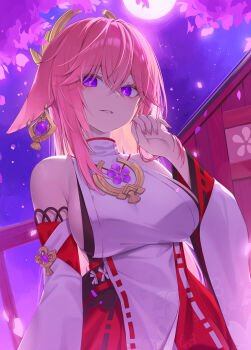 1girl absurdres animal_ears breasts cherry_blossoms detached_sleeves earrings floppy_ears fox_ears genshin_impact hair_ornament hand_up highres jewelry kkochmanyeo large_breasts looking_at_viewer nail_polish nontraditional_miko parted_lips pink_hair pink_nails purple_eyes purple_sky sideboob sky solo wide_sleeves yae_miko