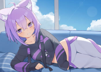 1girl absurdres akuto_(akuto_desu) black_hoodie blue_sky closed_mouth cloud commentary_request couch food_print highres hololive hood hoodie indoors looking_at_viewer lying medium_hair nekomata_okayu nekomata_okayu_(1st_costume) on_side onigiri_print pants purple_eyes purple_hair sky smile solo virtual_youtuber white_pants