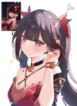 1girl absurdres artist_name bare_shoulders bell black_choker black_hair blunt_bangs blush breasts butterfly-shaped_pupils chest_tattoo choker closed_mouth collarbone commentary_request derivative_work detached_sleeves dress eyeshadow fingernails floral_print hair_bell hair_between_eyes hair_ornament half-closed_eyes hand_up highres honkai:_star_rail honkai_(series) long_hair looking_at_viewer makeup mole mole_under_each_eye mole_under_eye multiple_moles nail_polish neck_bell pink_eyes ranran_3939 red_dress red_eyeshadow red_nails red_sleeves red_tattoo screenshot_redraw short_sleeves simple_background sleeveless sleeveless_dress small_breasts smile solo sparkle sparkle_(honkai:_star_rail) symbol-shaped_pupils tattoo twintails upper_body white_background x_hair_ornament