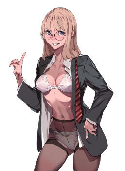 1girl arm_up black_pantyhose blazer blonde_hair blunt_bangs bra breasts cleavage collared_shirt commentary commentary_request cowboy_shot glasses highres jacket long_hair looking_at_viewer medium_breasts navel necktie office_lady original panties panties_under_pantyhose pantyhose pointing pointing_up see-through_clothes shirt simple_background smile solo takeda_sun unbuttoned underwear upper_body white_background white_bra white_panties